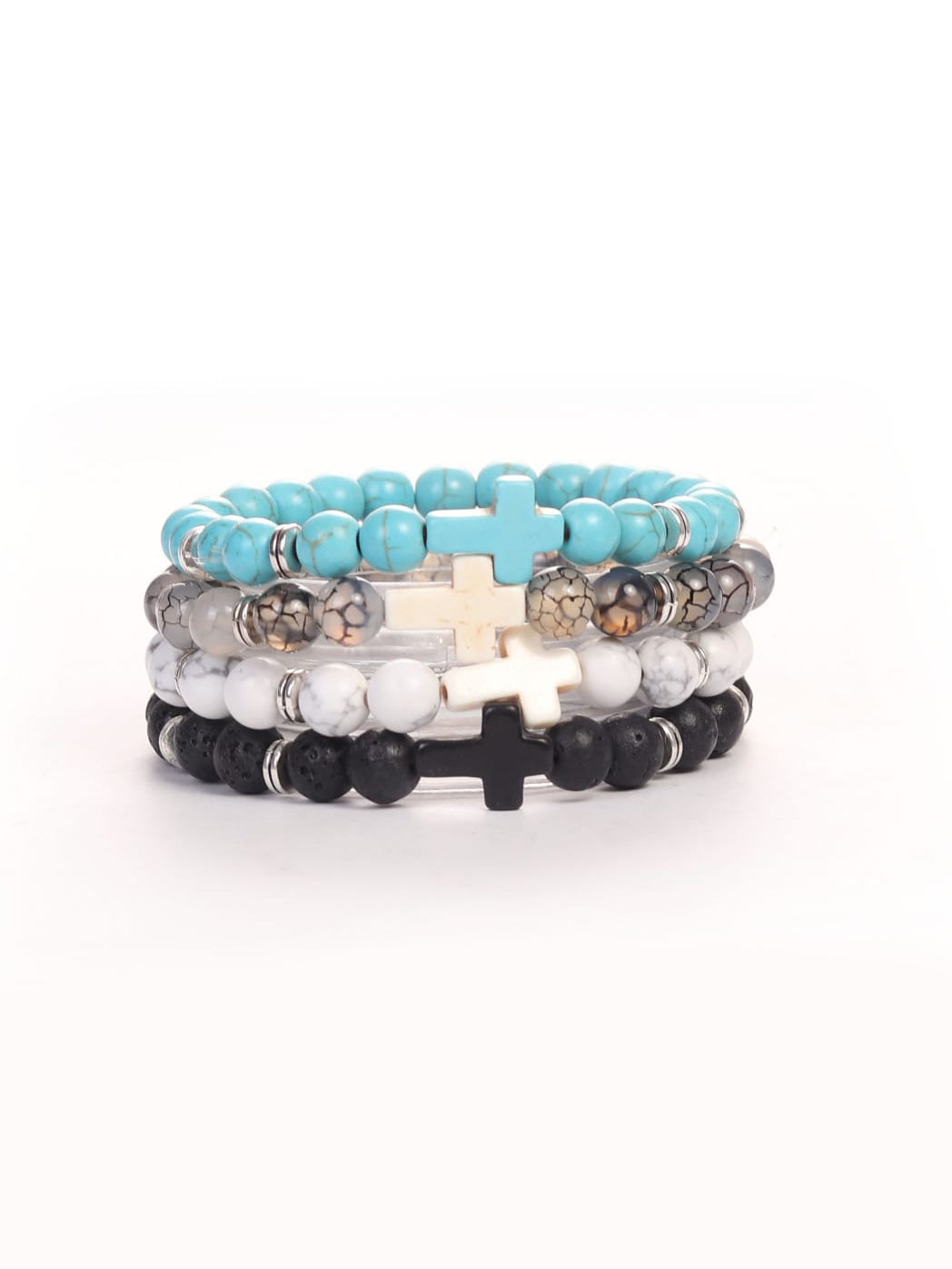 Stacked Cross Wristband Pack featuring beaded stretchy bracelets with cross charms in turquoise, neutral earth tones, white marble, and black for faith-based fitness apparel.