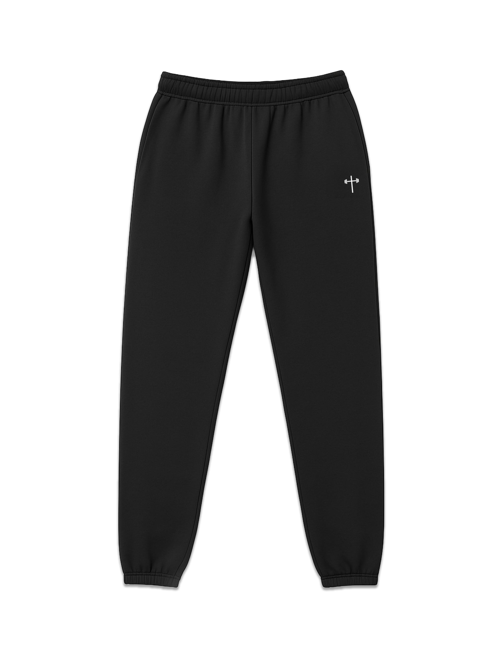 Black sweatpants with a small white logo on a white background