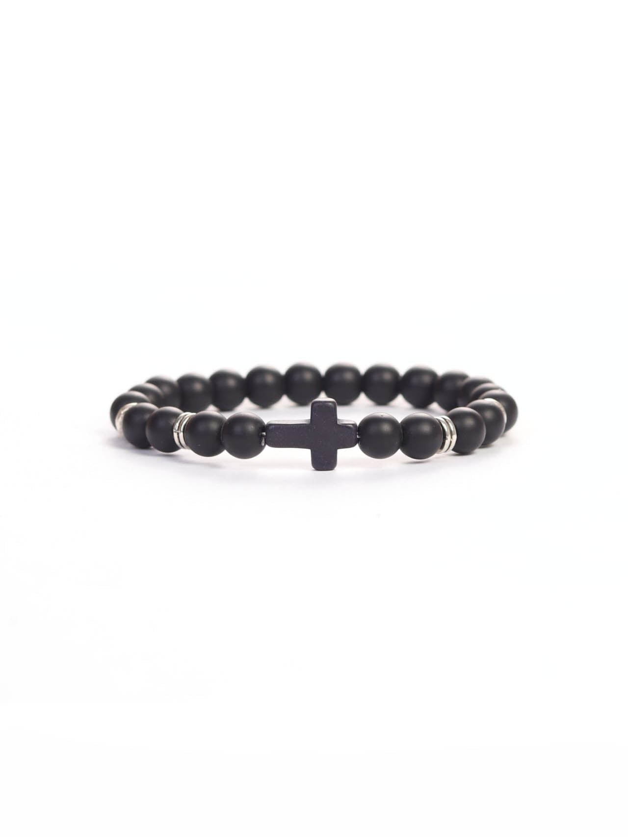 Black beaded stretch bracelet with a central cross charm and silver spacer rings, representing faith and strength in the Cross Wristband Pack.