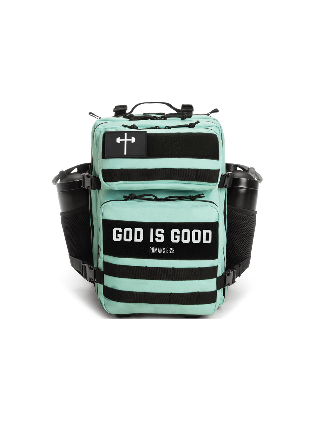25L Tactical Backpack in mint green with black trim multiple zippered compartments side pockets and Christian patches on the front
