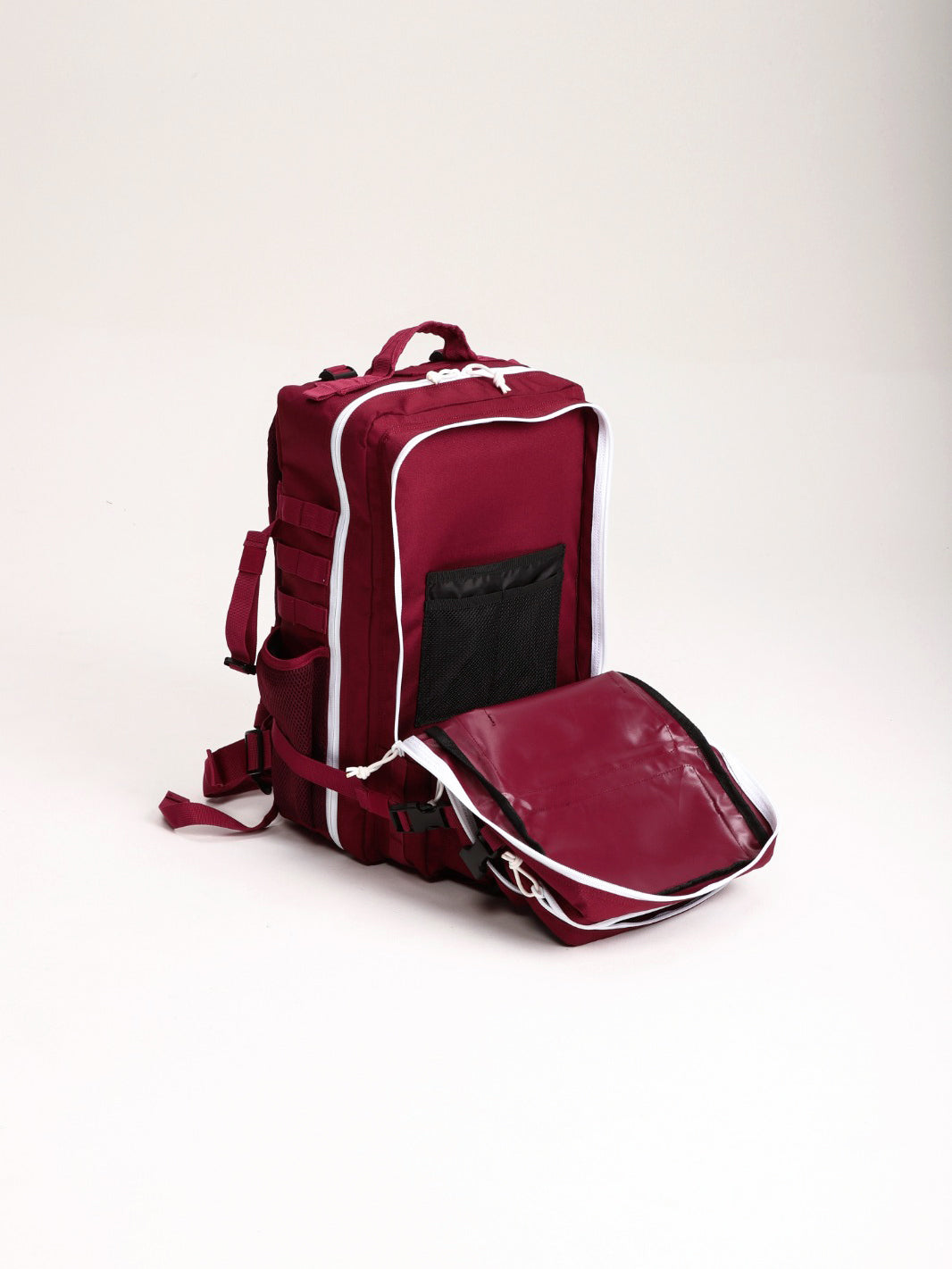HolStrength 45L Tactical Backpack in burgundy with white trim multiple compartments and an open front storage section for gym essentials