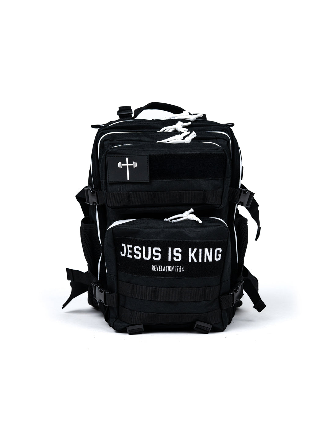 25L Tactical Backpack in black with multiple compartments and webbing details featuring a Jesus Is King front graphic and cross patch