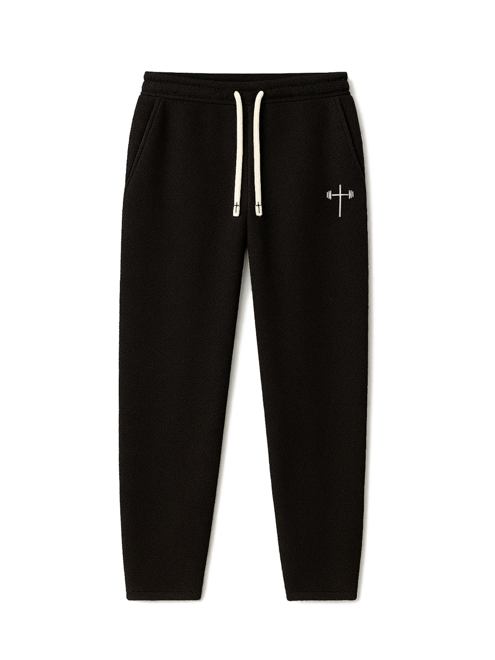 Black sweatpants with a white drawstring and small logo on a white background
