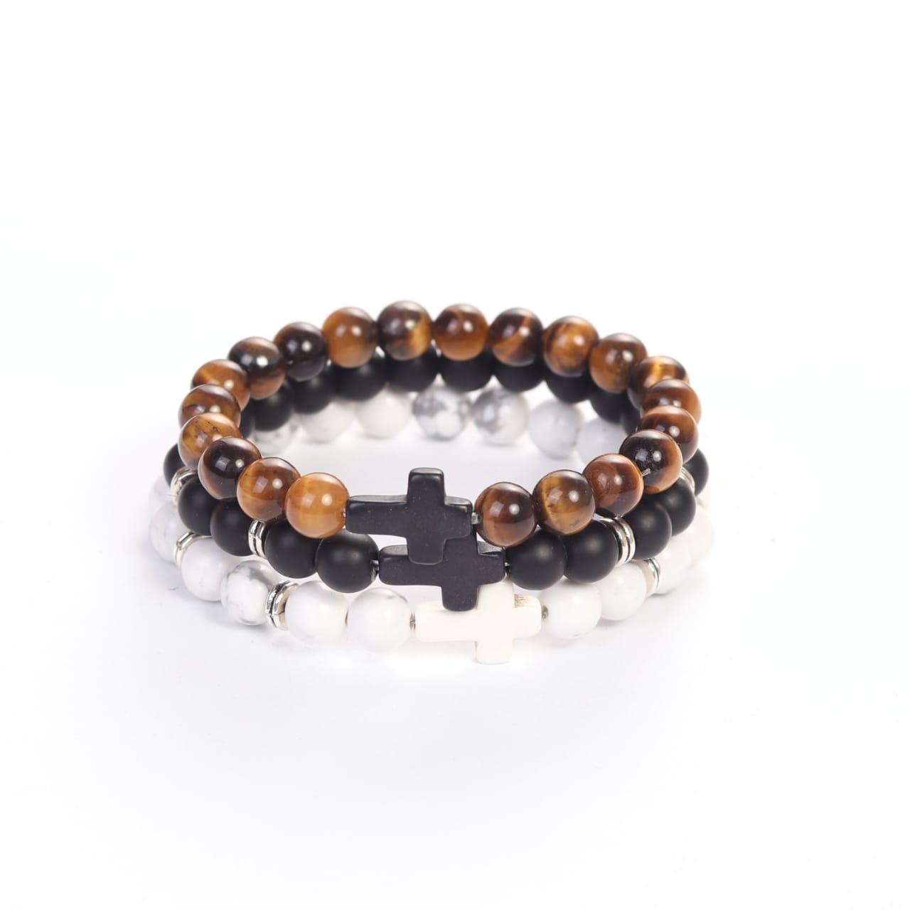 Cross Wristband 3-Pack featuring beaded bracelets in brown tiger eye, black matte, and white marble, each with a cross centerpiece representing faith based fitness apparel.
