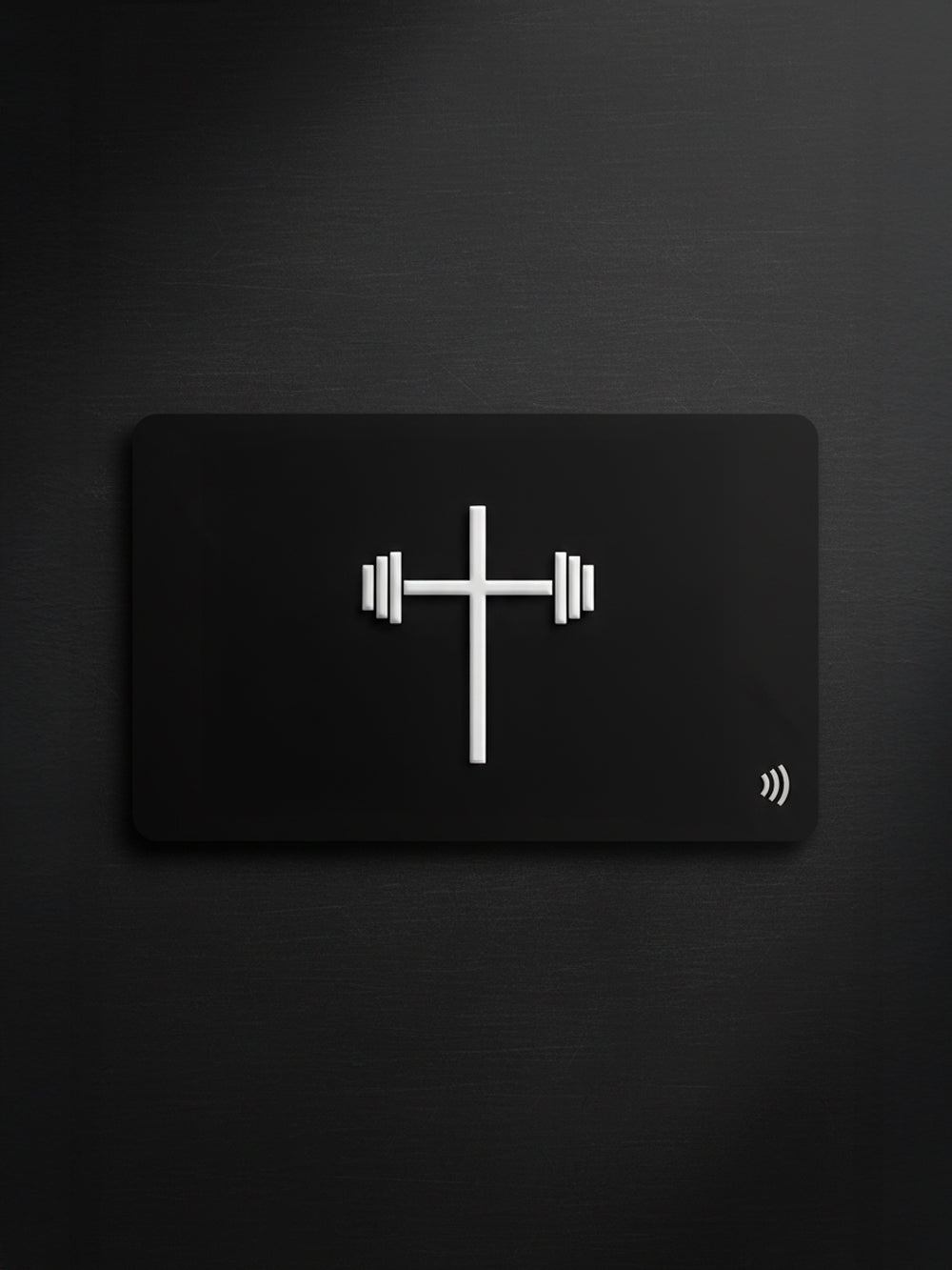 Black card with a white symbol on a dark background