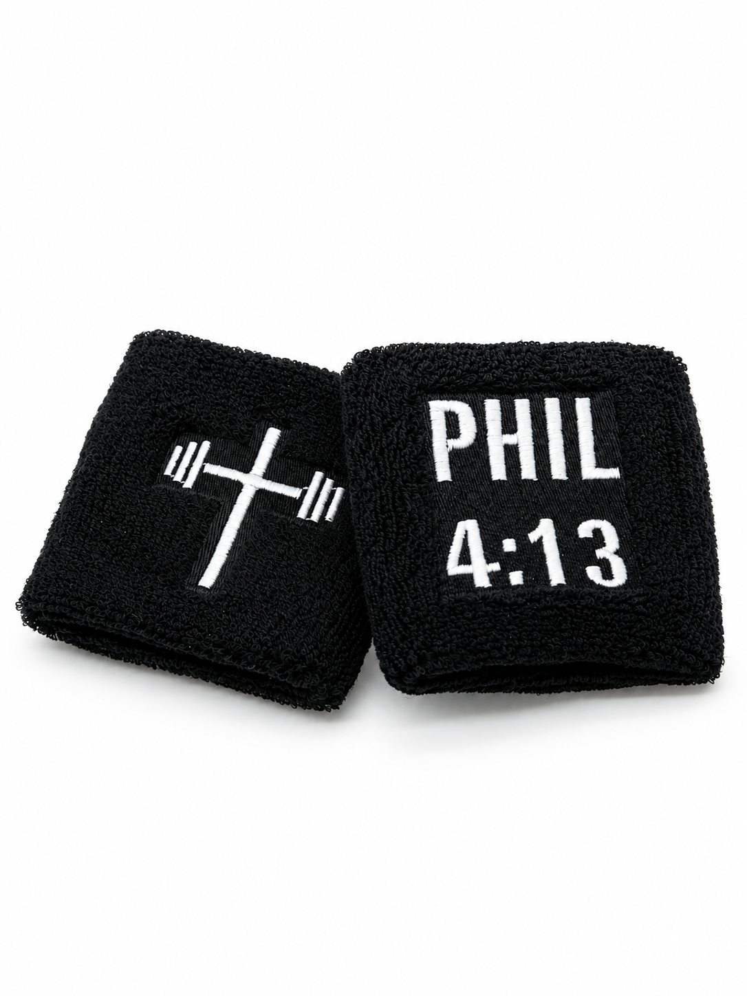 HolStrength Performance Sweatbands showing two black performance wristbands with a barbell cross design and PHIL 4 13 lettering for Christian fitness apparel