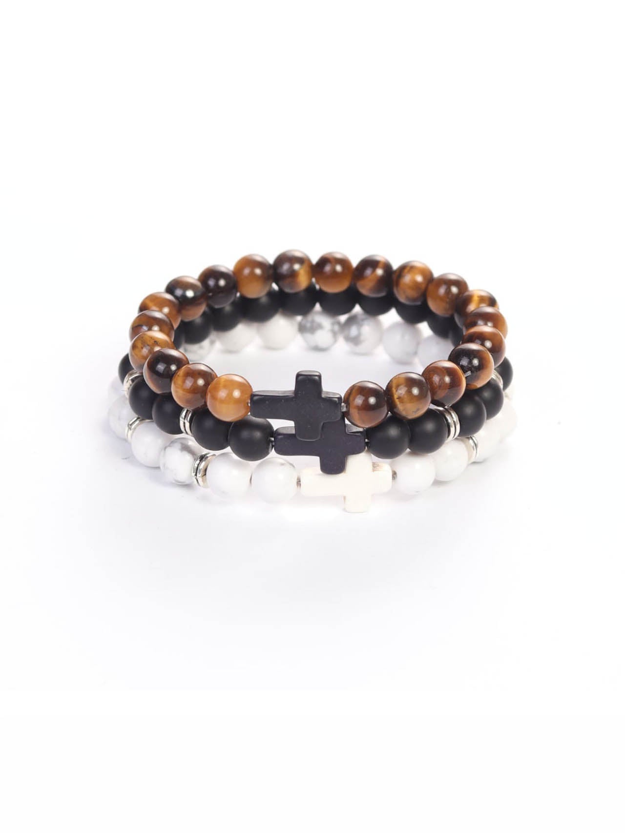 Cross Wristband Pack featuring three beaded bracelets with cross-shaped accents in brown tiger eye, black matte, and white marble styles for faith-based fitness wear.