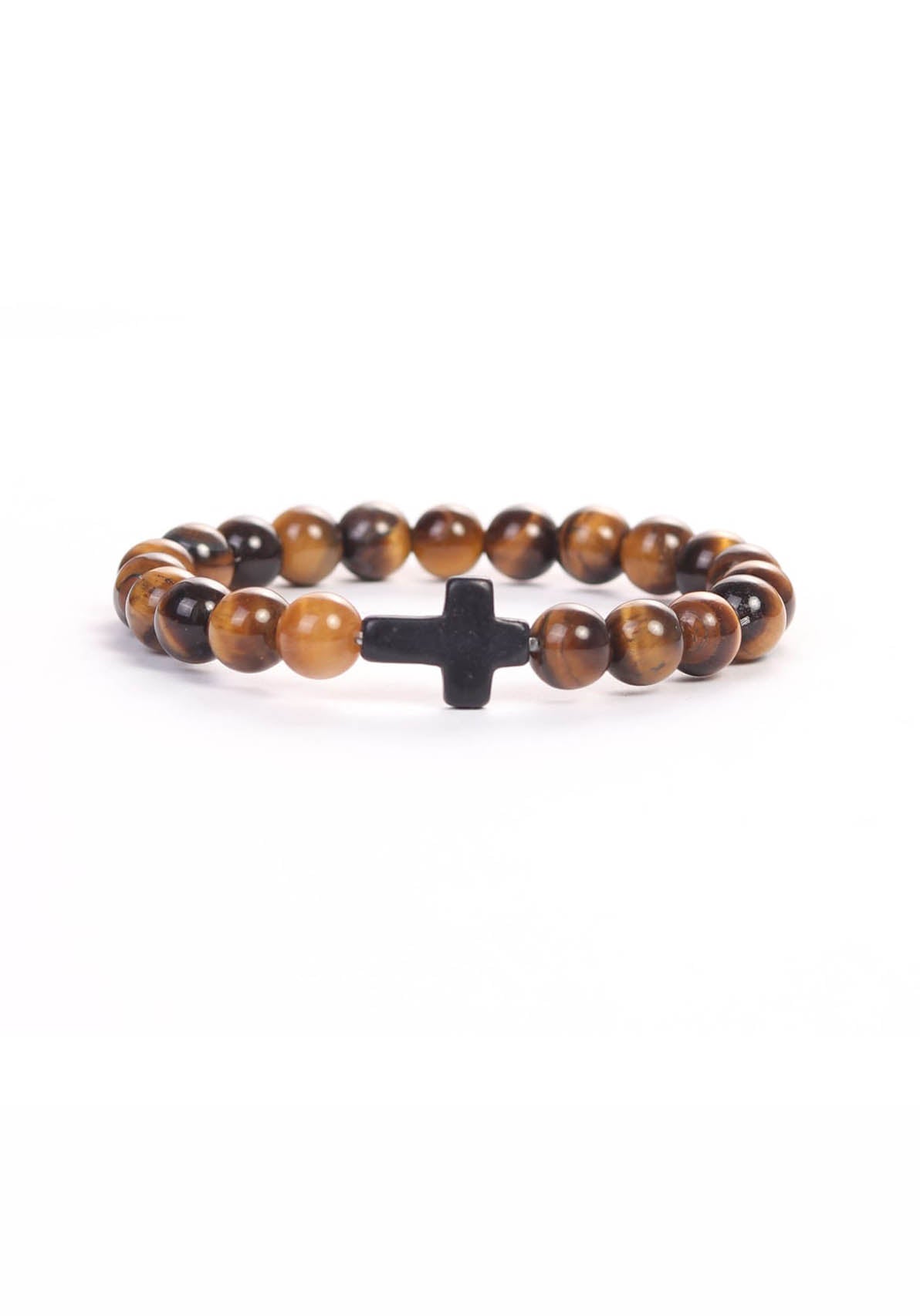 Cross Wristband Pack featuring polished brown and black beaded bracelet with a central black cross, symbolizing faith and strength in Christian fitness apparel.