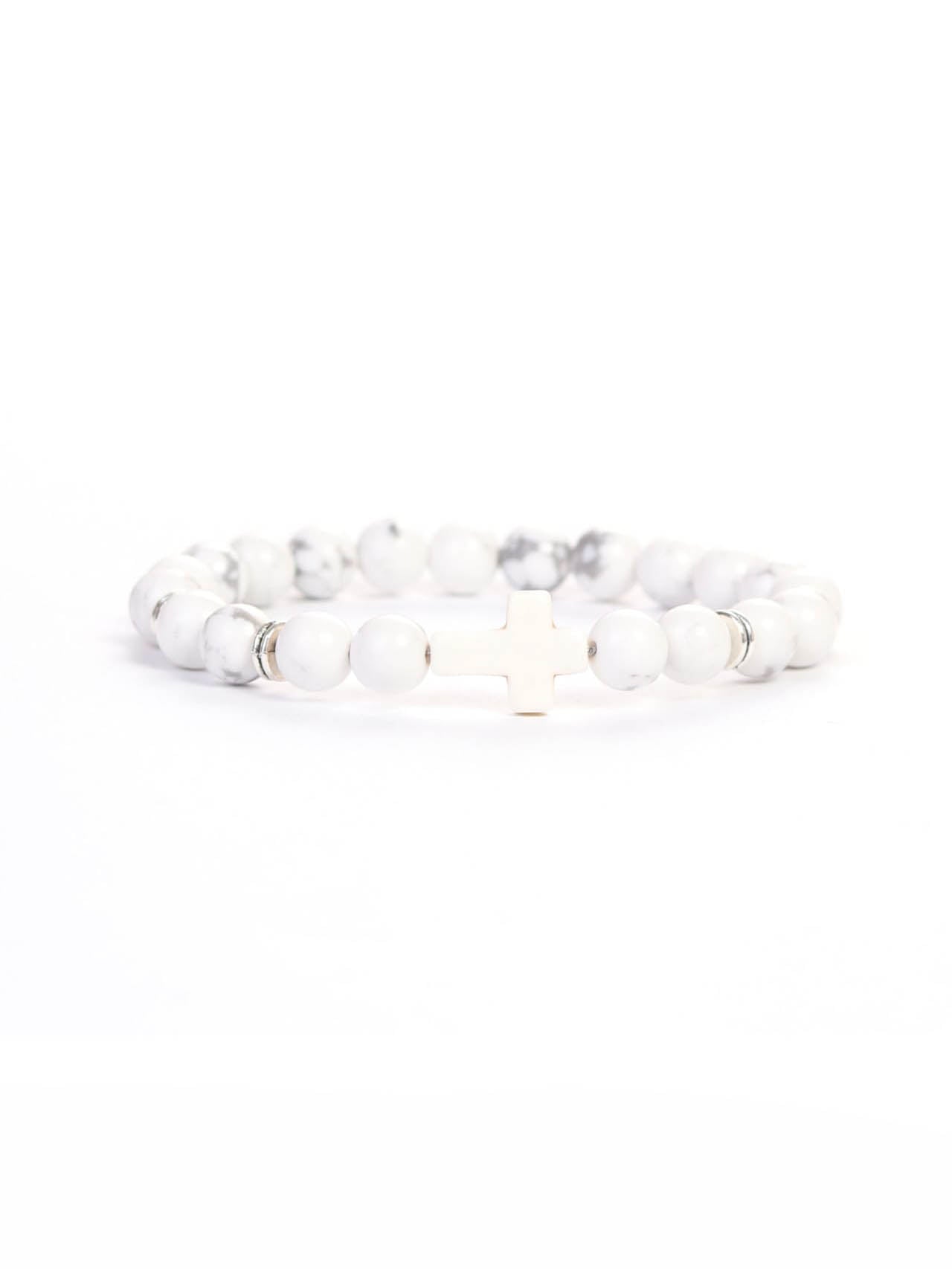 Cross Wristband Pack featuring white marble beads with a central white cross charm, symbolizing faith and strength in a stylish, handcrafted design.