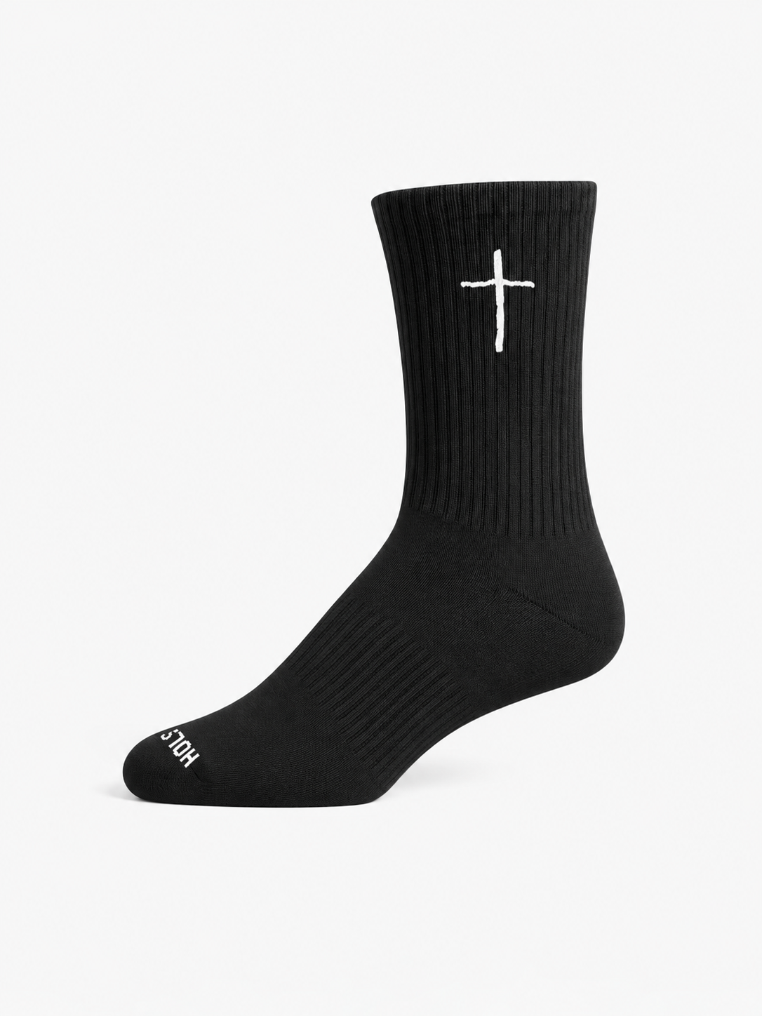 Essential Cross Socks black crew sock featuring a white cross design and ribbed stretch fabric for Christian activewear and everyday comfort