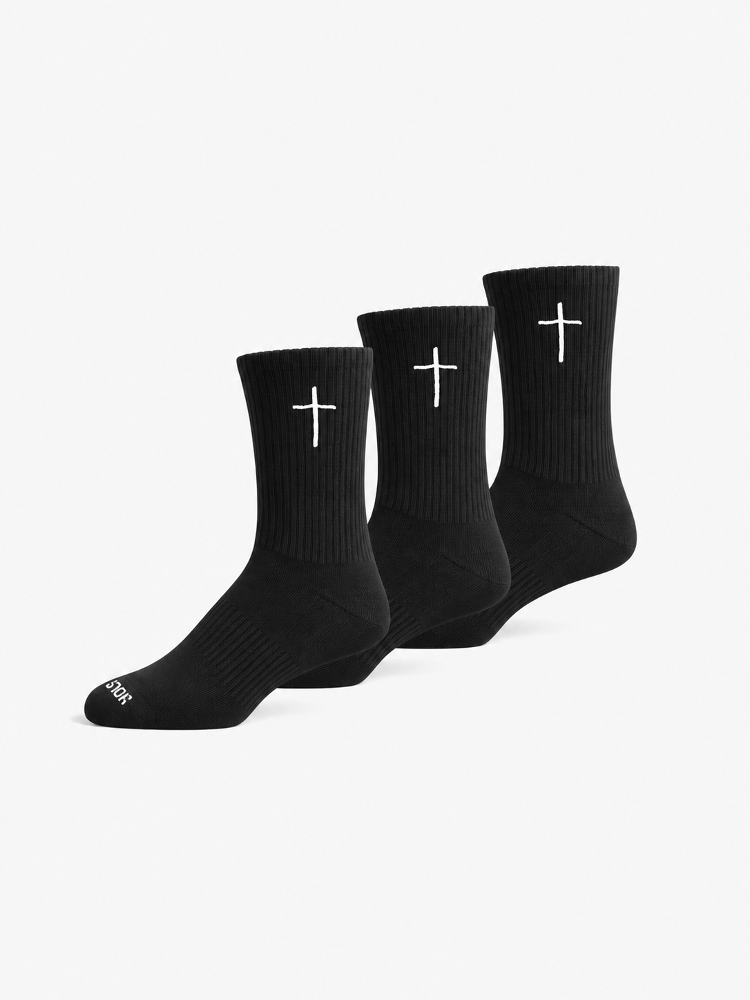 Essential Cross Socks featuring three black crew socks with white cross designs for Christian fitness apparel and everyday faith based wear