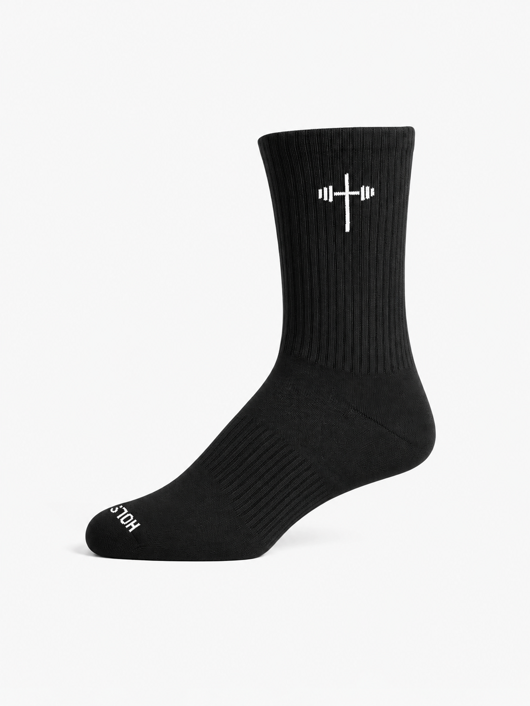 HolStrength Crew Socks black performance crew sock with a white cross and barbell design for Christian fitness apparel on a white background