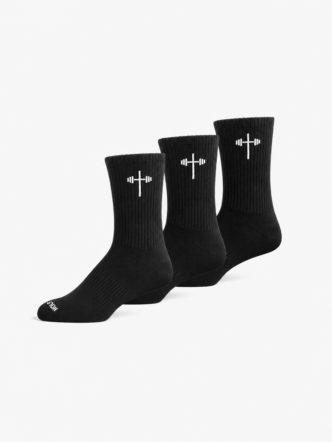 HolStrength Crew Socks in black with white barbell cross logos shown as three ribbed crew socks for Christian fitness apparel