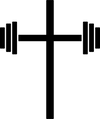 Black icon showing a stylized barbell with a cross incorporated in the center, symbolizing strength and faith, suitable for Christian fitness apparel branding.