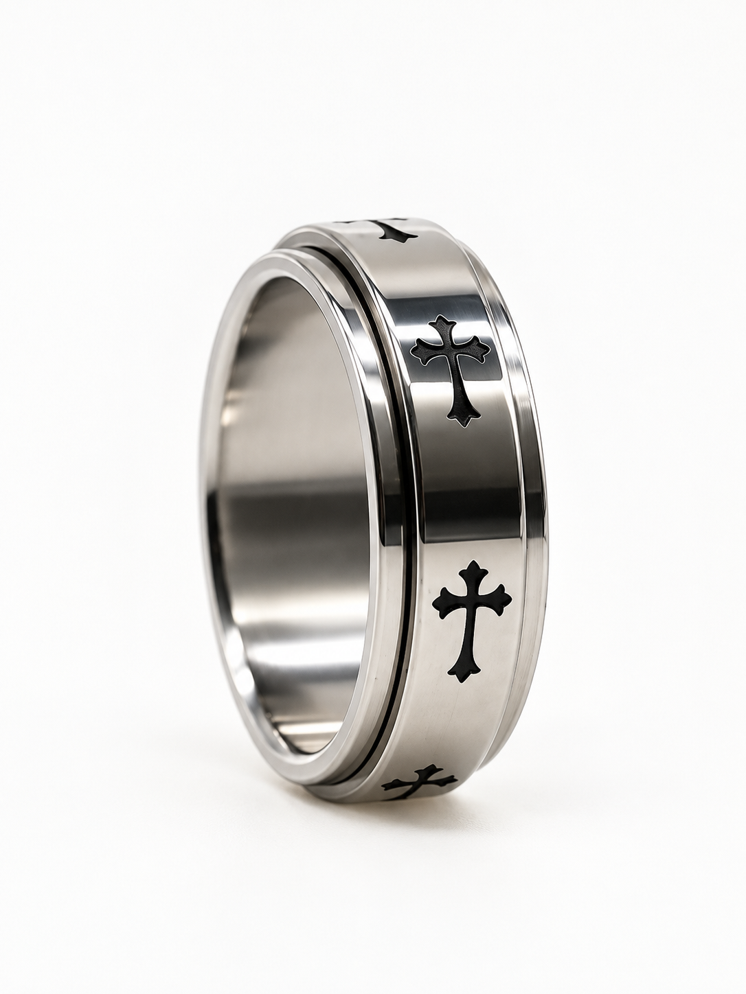 Men's Signature Cross Ring in polished stainless steel with black cross engravings, shown standing against a white background.