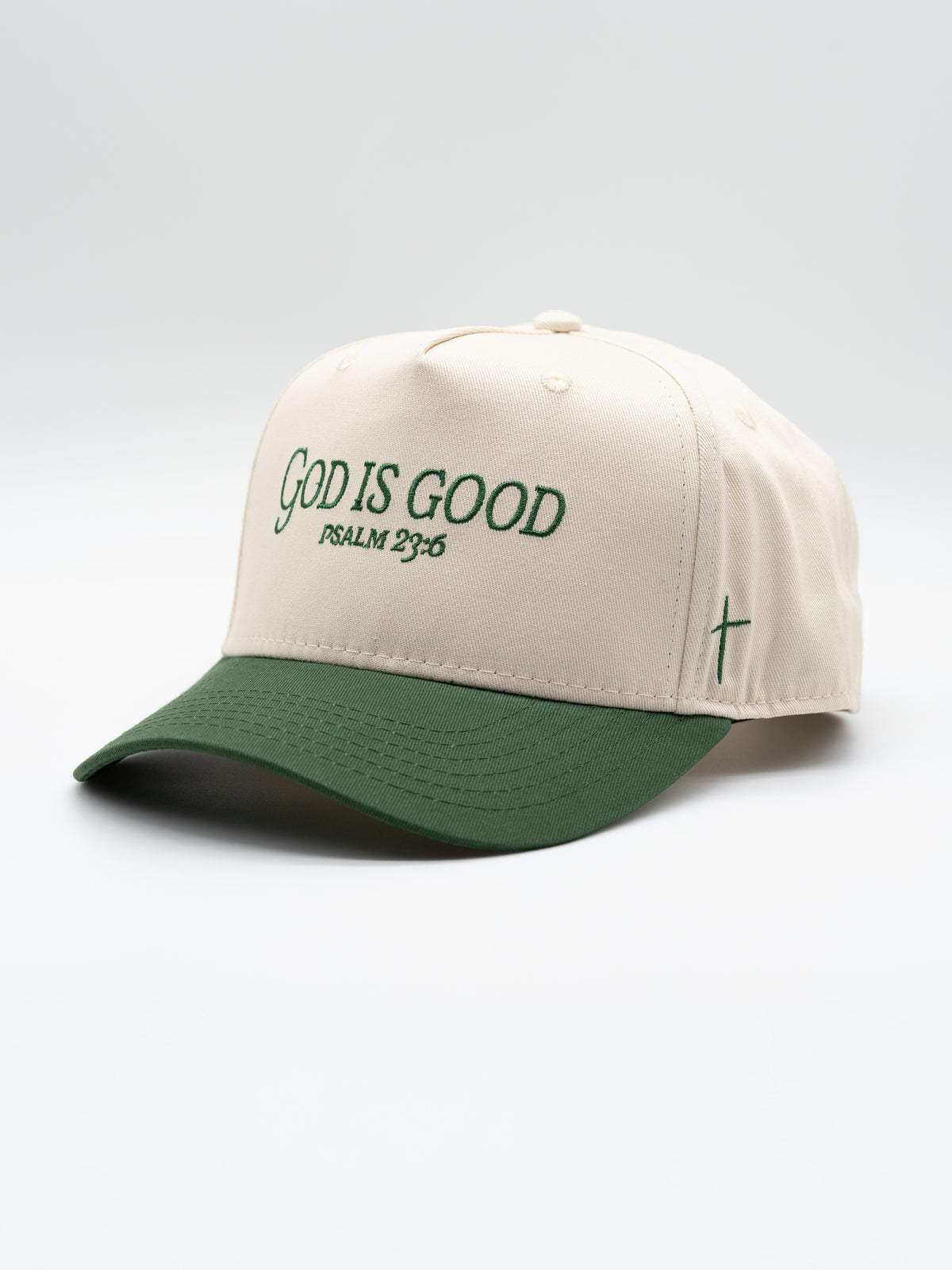 Premium Embroidered Hat cream and green five panel cap embroidered with God Is Good Psalm 23 6 and a cross for faith based apparel