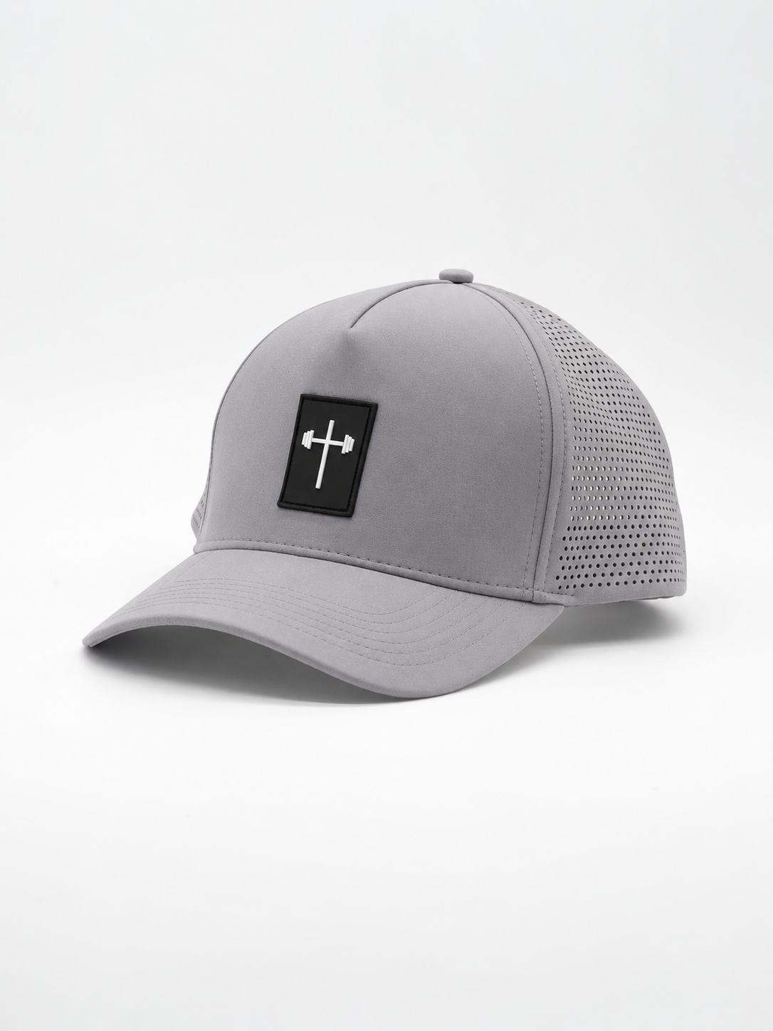 Signature Hat in gray with a six panel design perforated side panels curved brim and HolStrength logo patch for Christian fitness apparel