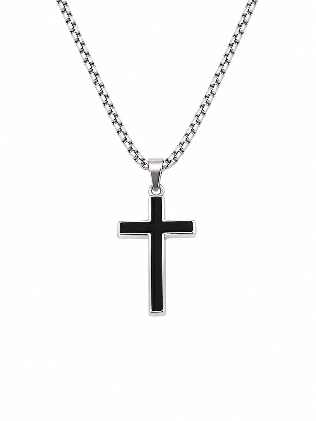 Cross Pendant Necklace with a polished stainless steel chain and sleek black cross pendant shown against a clean white background for a bold faith inspired look