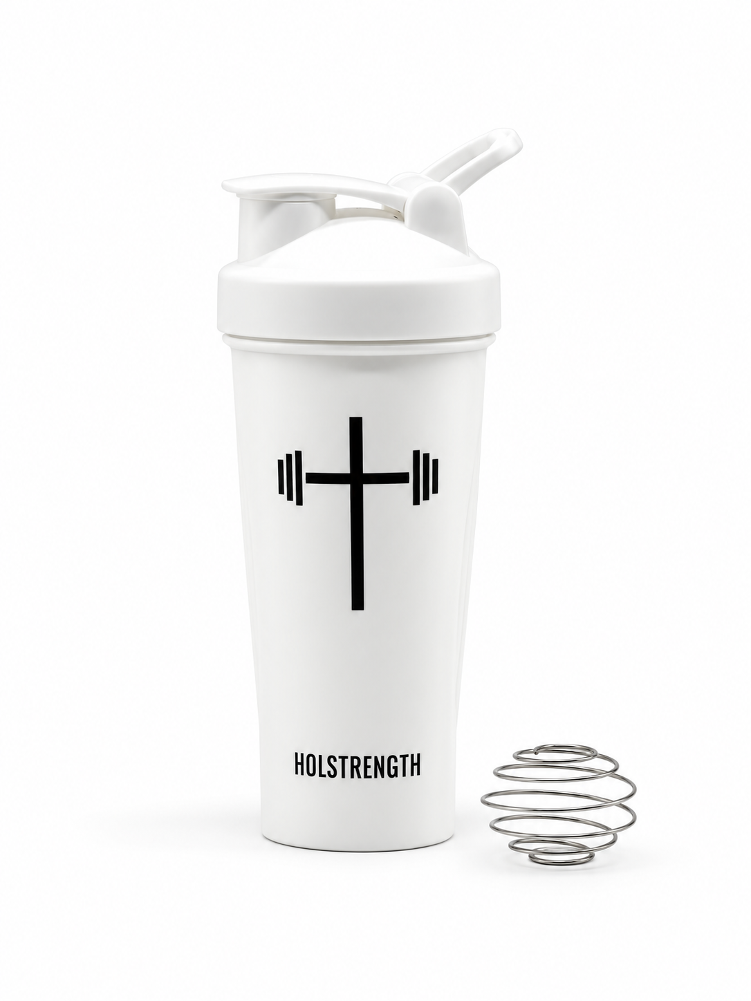 HolStrength Blender Bottle white shaker cup with black cross and barbell logo plus stainless steel mixing ball for Christian fitness and gym workouts