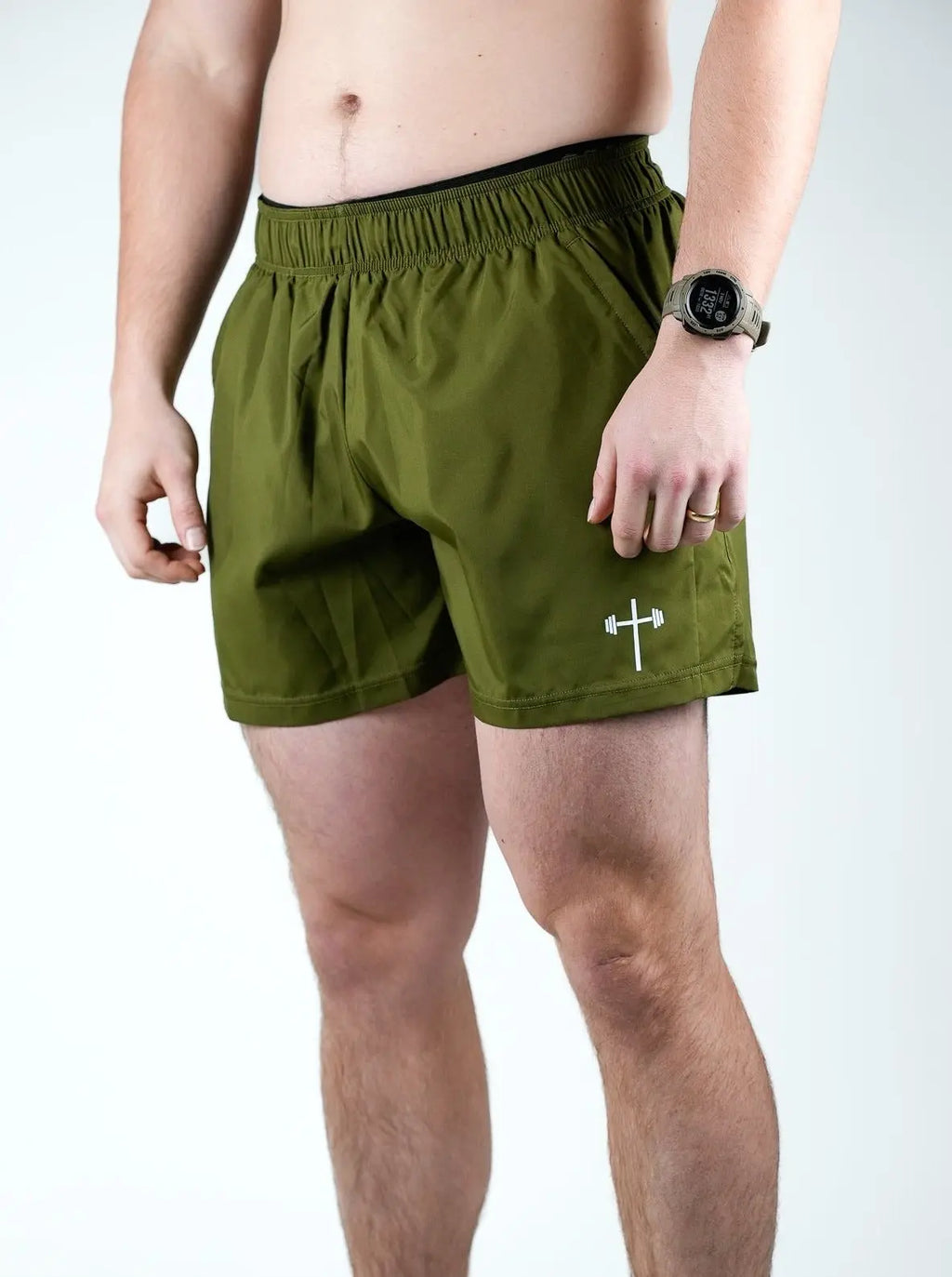 Army green running best sale shorts
