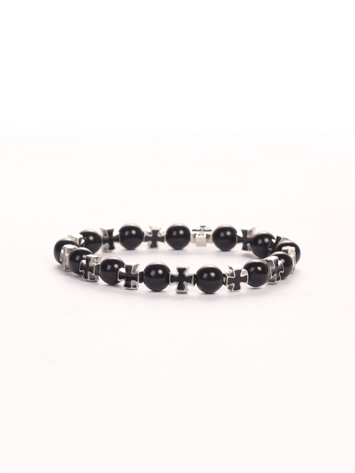 Cross Wristband Pack featuring black beads and silver cross-shaped links arranged in a circular design, symbolizing faith-based Christian fitness apparel accessory.