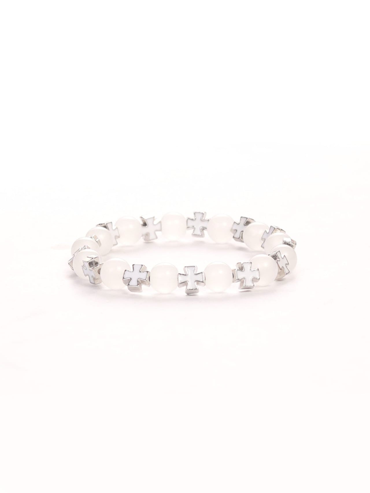 Cross Wristband Pack featuring white beads alternating with silver cross charms on an elastic band, representing faith-based Christian fitness apparel.