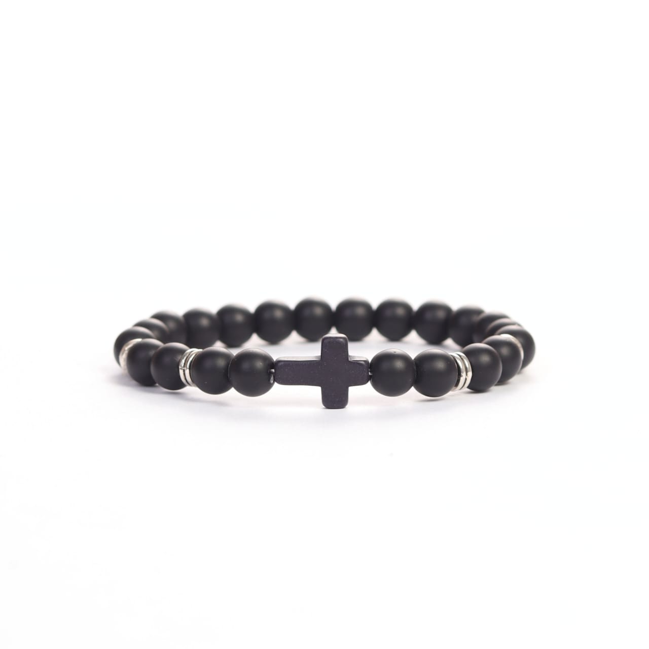 Cross Wristband 3-Pack featuring a black beaded design with a central cross detail, symbolizing faith and strength, suitable for Christian fitness apparel and activewear.