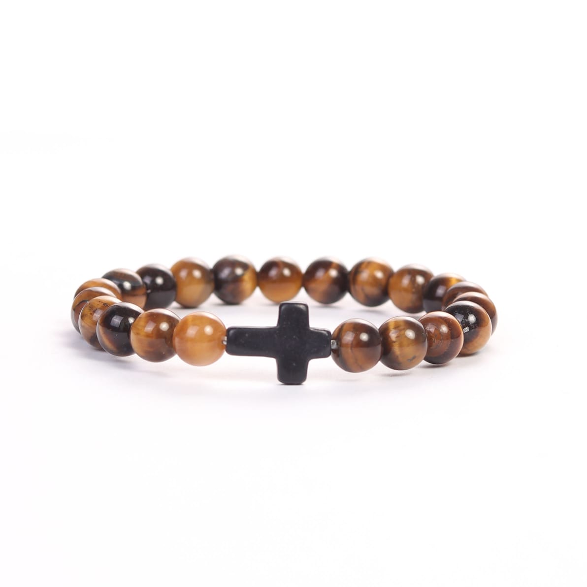 Cross Wristband 3-Pack featuring polished brown beads and a black cross centerpiece, designed as faith-based Christian fitness apparel accessory symbolizing strength in Christ.
