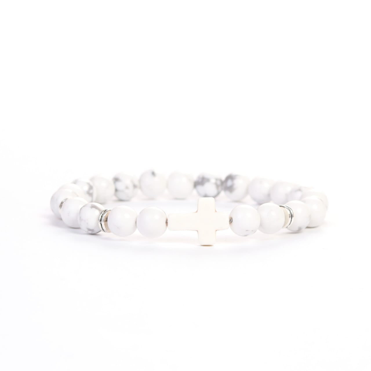 Cross Wristband 3-Pack featuring a white beaded bracelet with a silver cross centerpiece, designed as faith-based Christian fitness apparel accessory.