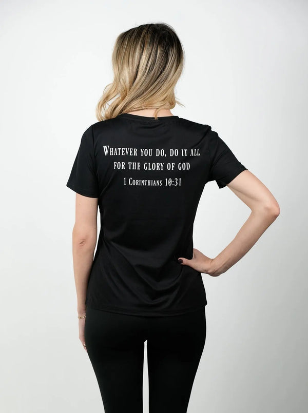 Women's 1 Corinthians 10:31 Performance Tee - Black HolStrength