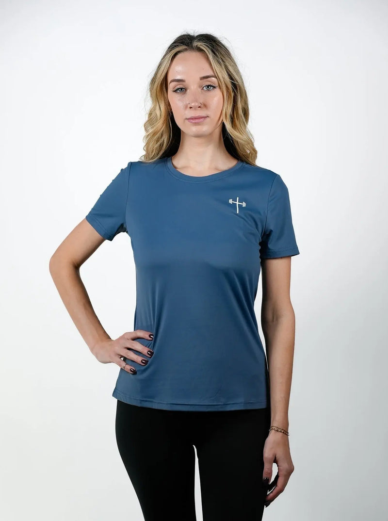 Women's Proverbs 31:25 Performance Tee - Blue HolStrength
